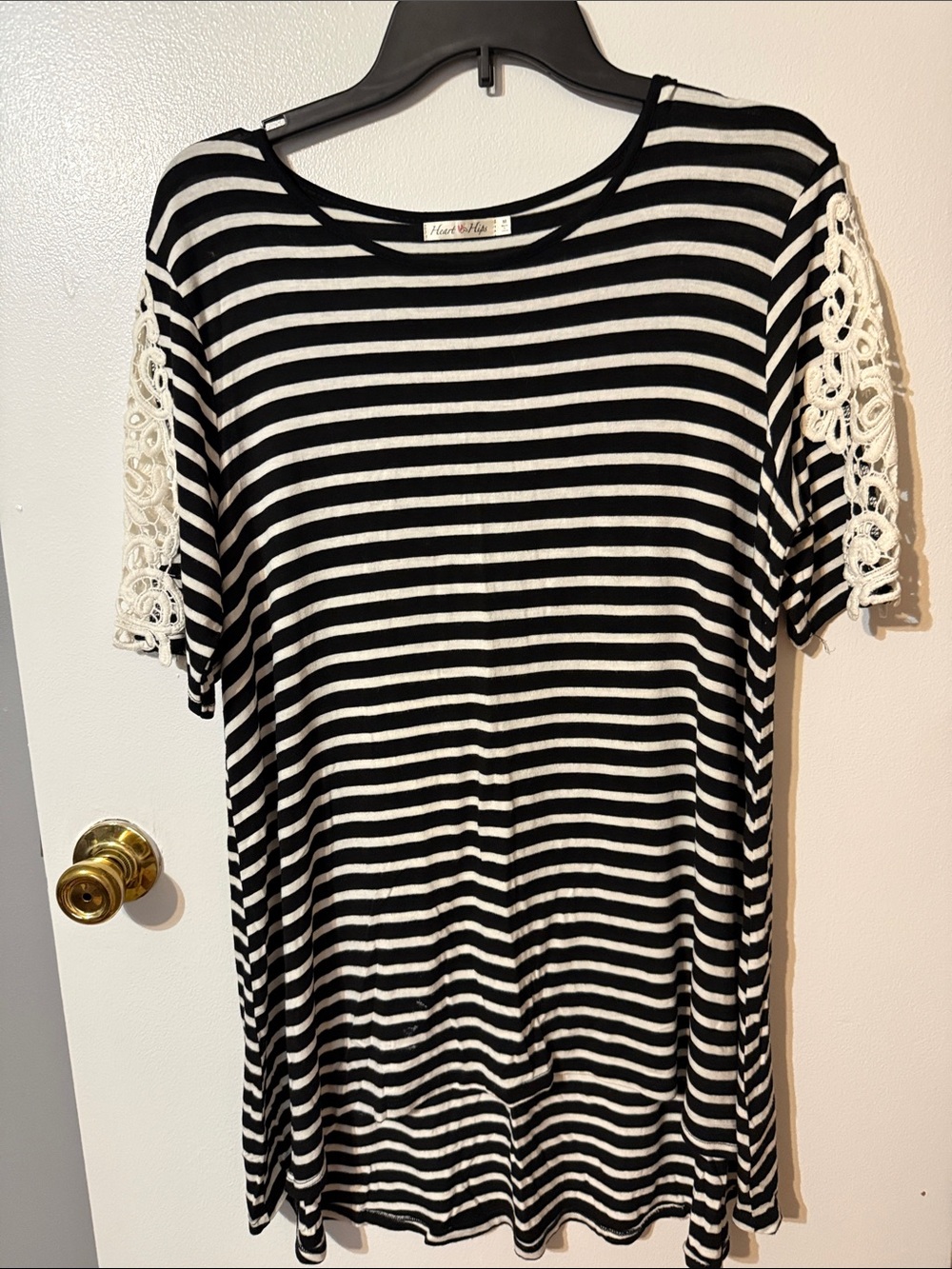 Heart Hips Black and White Striped Short Sleeve Top with Lace Sleeves
